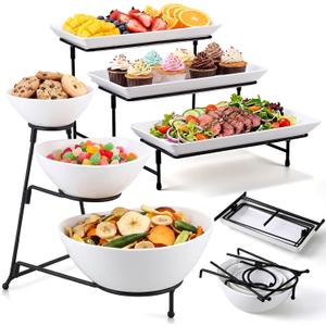 2 Set 3 Tier Serving Trays for Party 12 Inch Plastic Serving Platters and 3 Tier Round Ceramic Salad Display Stand with Black Collapsible Metal Stand for Food Dessert Cookies Fruit
