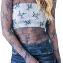 ROJZR Womens Mesh Tops Lace Long Sleeve Mock Neck Blouse Floral Sheer See Through Sexy Tops Shirt with Thumb Hole S