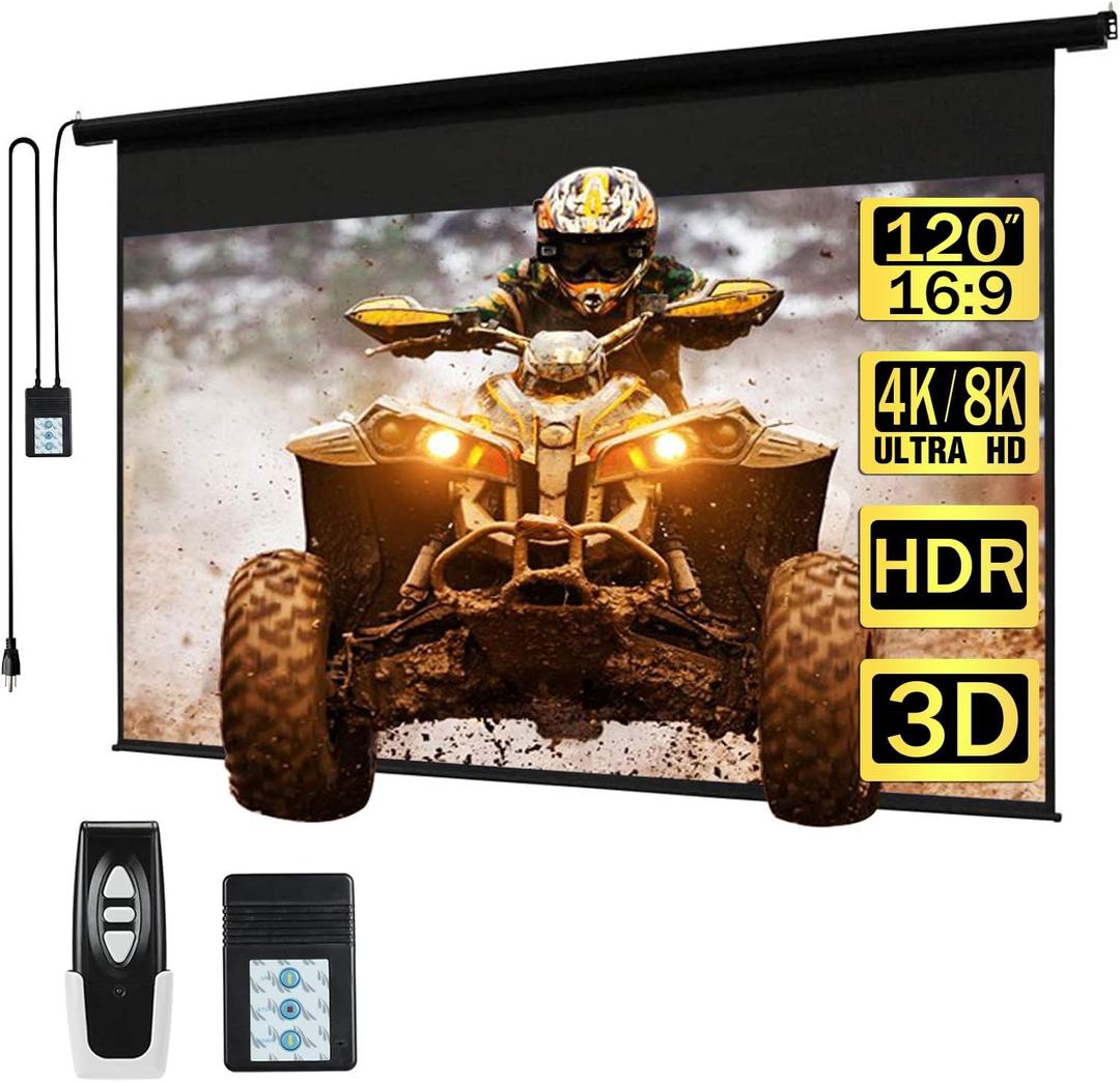 Kayle 120" Motorized Projector Screen Electric Diagonal Automatic Projection 16:9 HD Movies Screen for Home Theater Presentation Education Outdoor Indoor W/Wireless Remote, Wall/Ceiling Mount (Black)