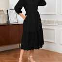 Ladyful Embroidered Eyelet Cotton Dress for Women Maxi 3/4 Sleeve Button Down Hollowed Out Flowy Midi Shirt Dress (Black, XL)