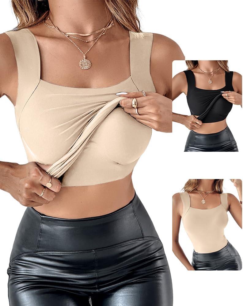 CHICME Womens U Neck Shapewear Built-in Bra Tank High Strechy Sleeveless Slim Fit Tops Camisole Workout Tops (Black+nude 2pcs), Medium