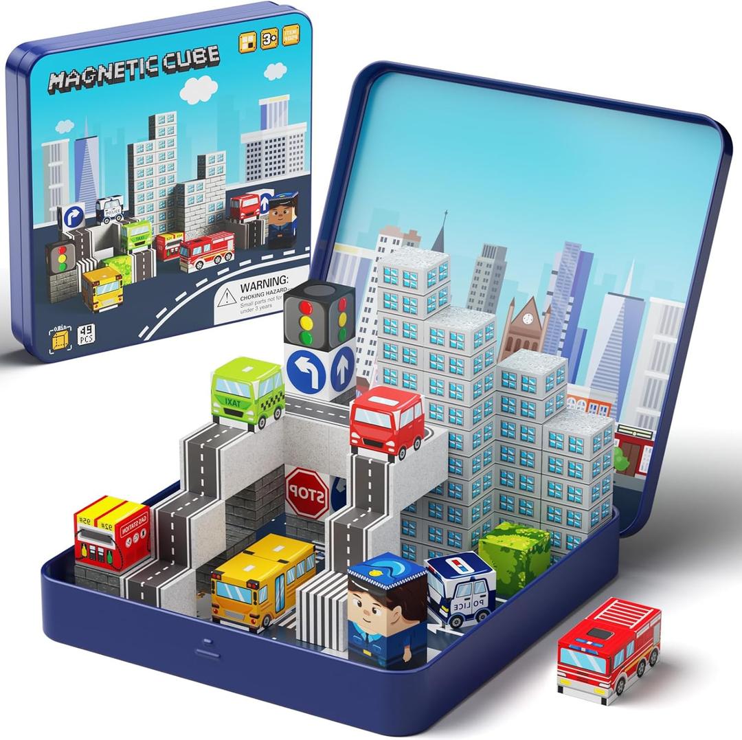 City Traffic Magnetic Blocks Set,Child-Safe STEM Toys with Fully Encased Magnets Non-Toxic & Choking-Proof Travel Learning Gift for Ages 3-8 Car/Airplane Toddler Toy Birthday (49 PCS)
