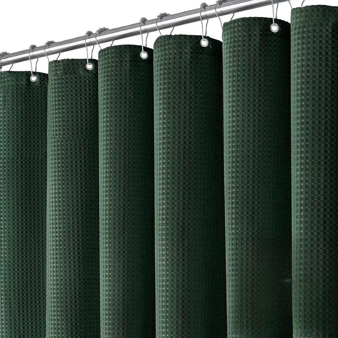 Dynamene Dark Green Fabric Shower Curtain - Waffle Weave Textured Heavy Duty Cloth Shower Curtains for Bathroom, 256GSM Hotel Luxury Weighted Bath Curtain Set with 12 Hooks,72x72, Dark Green