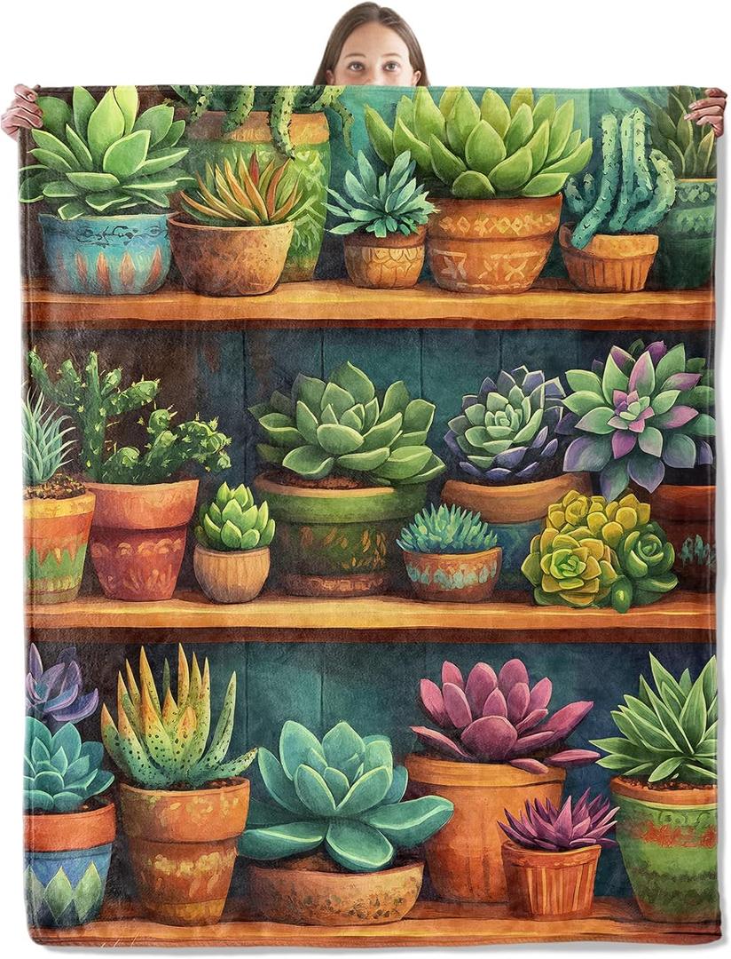Colorful Succulent Blanket, Cozy Plant Throw Blanket for Couch Bedroom Outdoor, Lightweight Soft Flannel Travel Blankets, Gifts for Women Adults Kids, Home Cabin Garden Decor 50"x60"