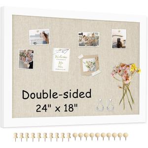 Double-Sided Large Cork Board with Linen, 24" x 18" Hanging Wood Framed Bulletin Board, Picture Display Vision Board Corkboards for Wall Room School Office Decor, 20 Pushpins,1pack