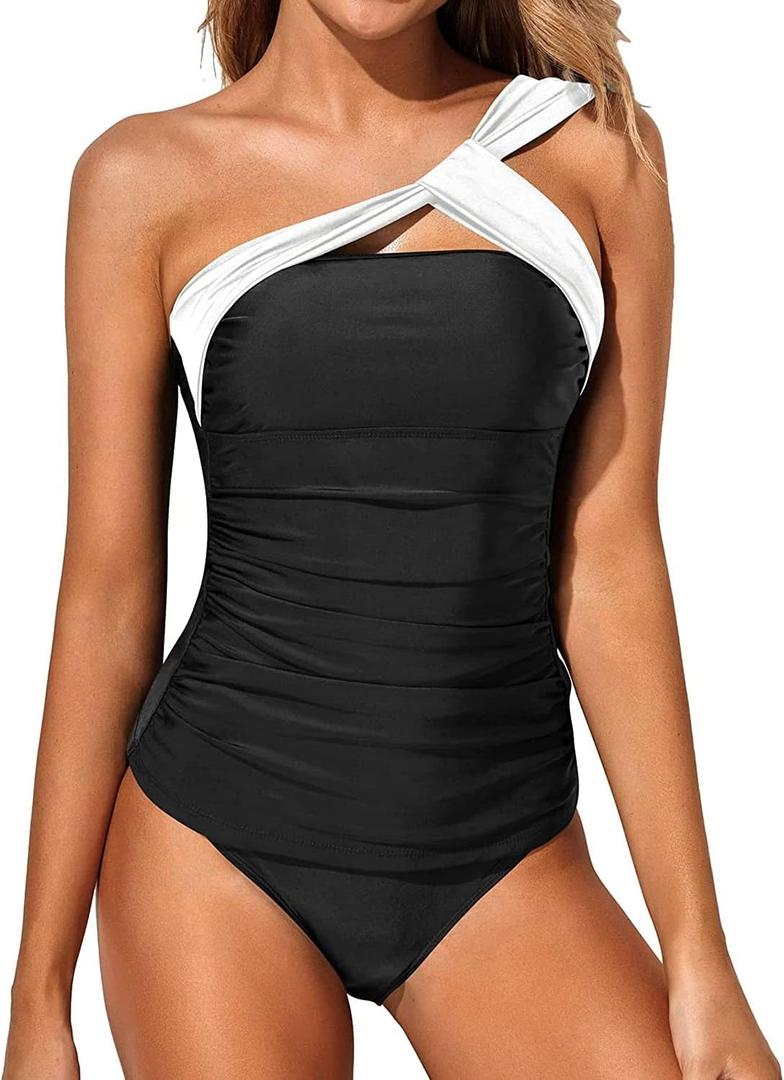 Tempt Me Two Piece Tankini Bathing Suits for Women One Shoulder Swim Top with Bottom Swimsuits (Large, White Black 1)