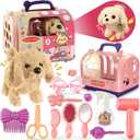 TEUVO 14Pcs Dog Toys for Girls Kids 3 4 5 6 8 Year Old, Walking Barking Electronic Interactive Stuffed Dog Plush & Carrier Accessories Pet Care Playset Grooming Toy Pretend Play Gifts for Little Girls