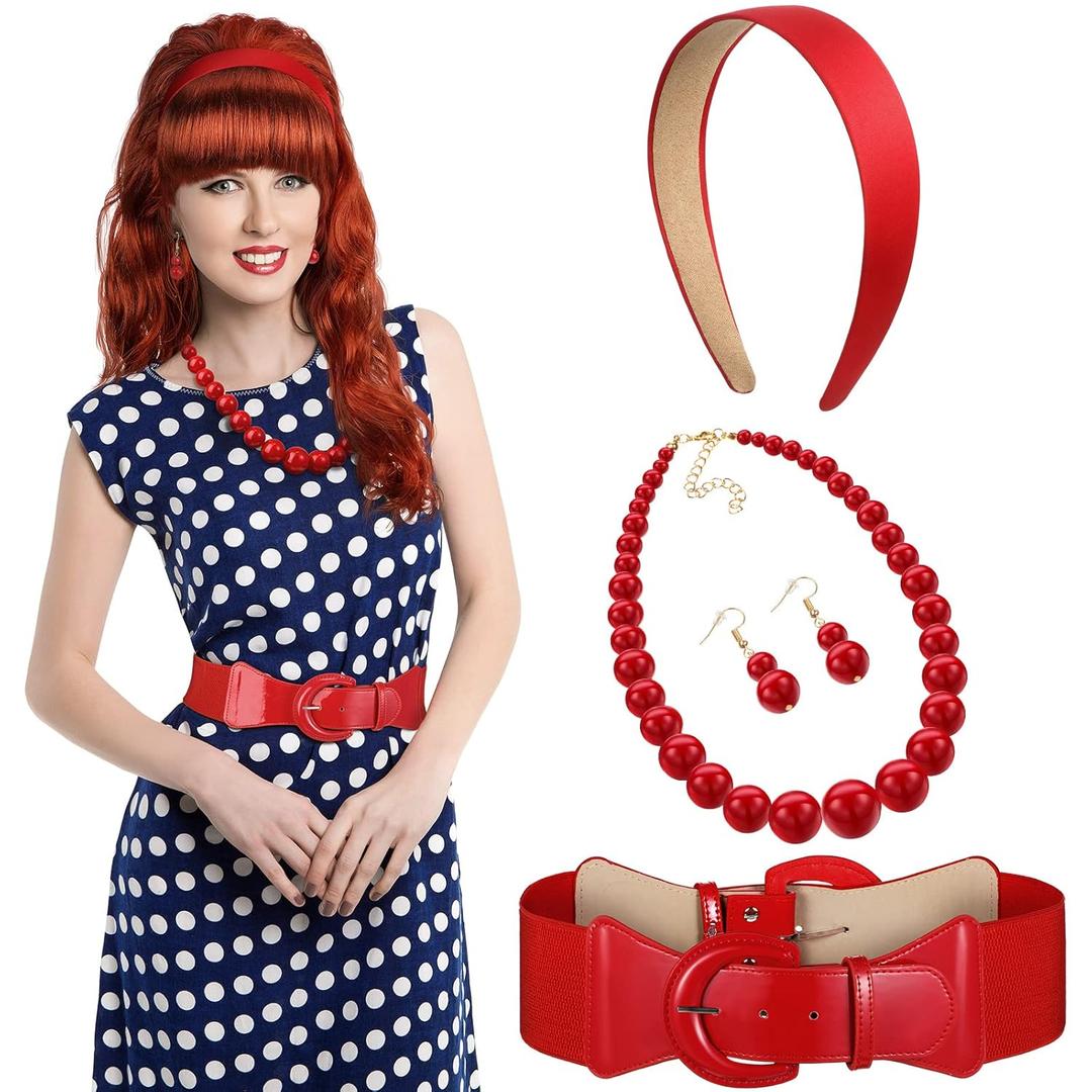 Jutom 5 Pcs Halloween 60s Costume Accessories Set, Copper Red Wig Satin Headband Pearl Choker Necklace Earrings Cinch Belt for 60s Cosplay Party