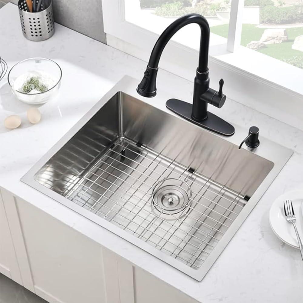 25 x 22 Inch Drop in Kitchen Sink 16 Gauge Stainless Steel Kitchen Sink 2-Holes 10 inch Single Bowl (Brushed Nickel)