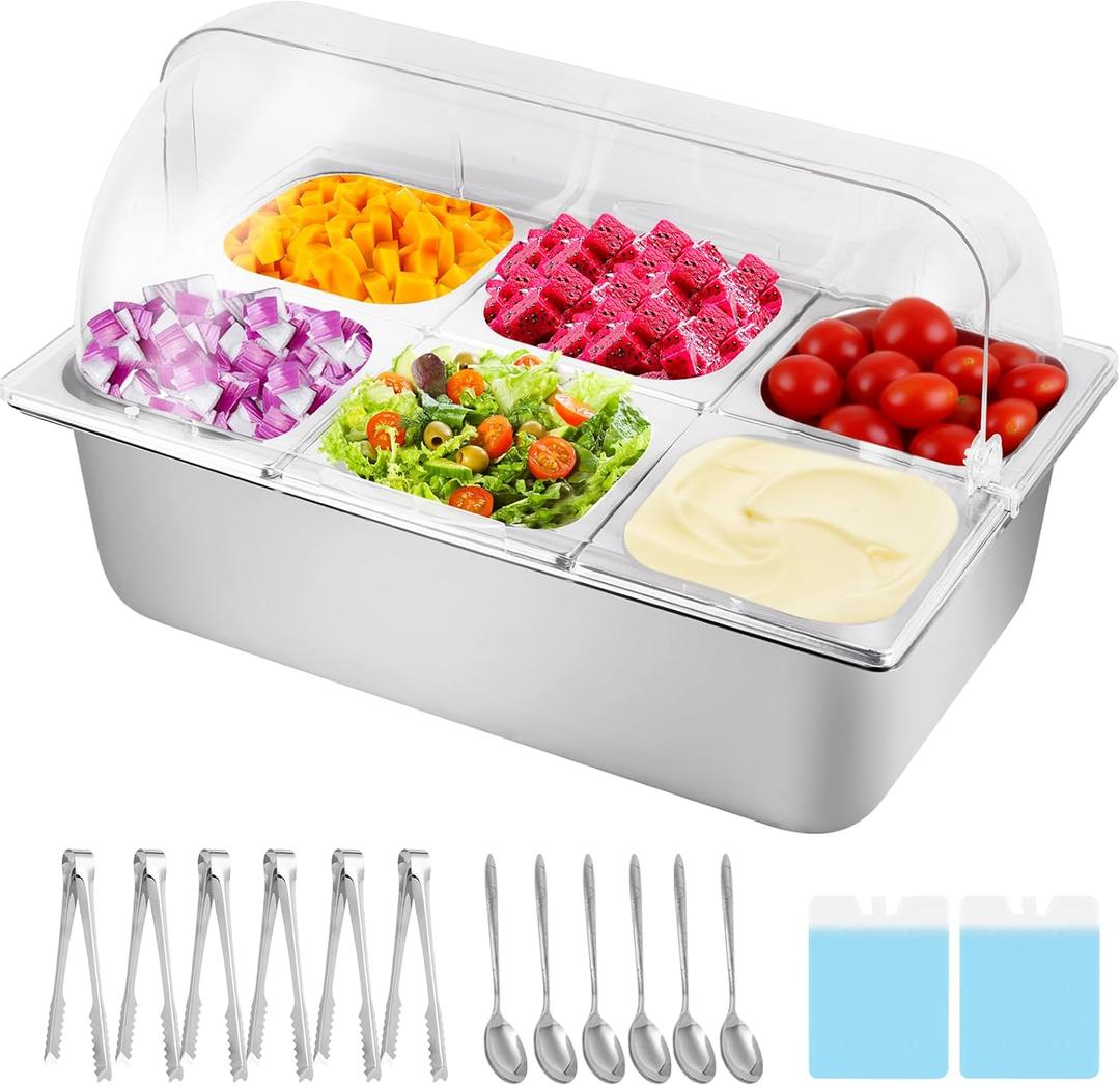 Cold Food Buffet Server 9.6Qt (6 Pans1.6Qt) with Ice Packs for Salad Pizza Sauce Colded Serving Trays Condiments Containers for Parties Buffet, 21x13x13 inches