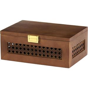 Decorative Rattan Storage Boxes Solid Wood Woven Baskets Bins with Lid Keepsake Memory Jewelry Box Natural Boho Shelf Wicker Closet Desk Organizer Container (Walnut Color, Small Size)