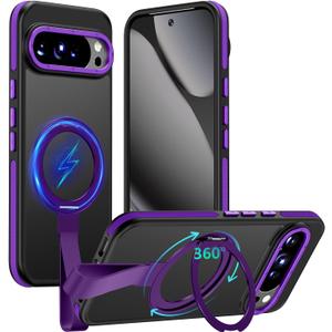 TIANNIUKE for Google Pixel 10 Pro XL Case 360Rotatable Magnetic Ring Holder Stand with Silicone Strap, Fit for MagSafe Mil-Grade Shockproof Translucent Matte Phone Case, Purple