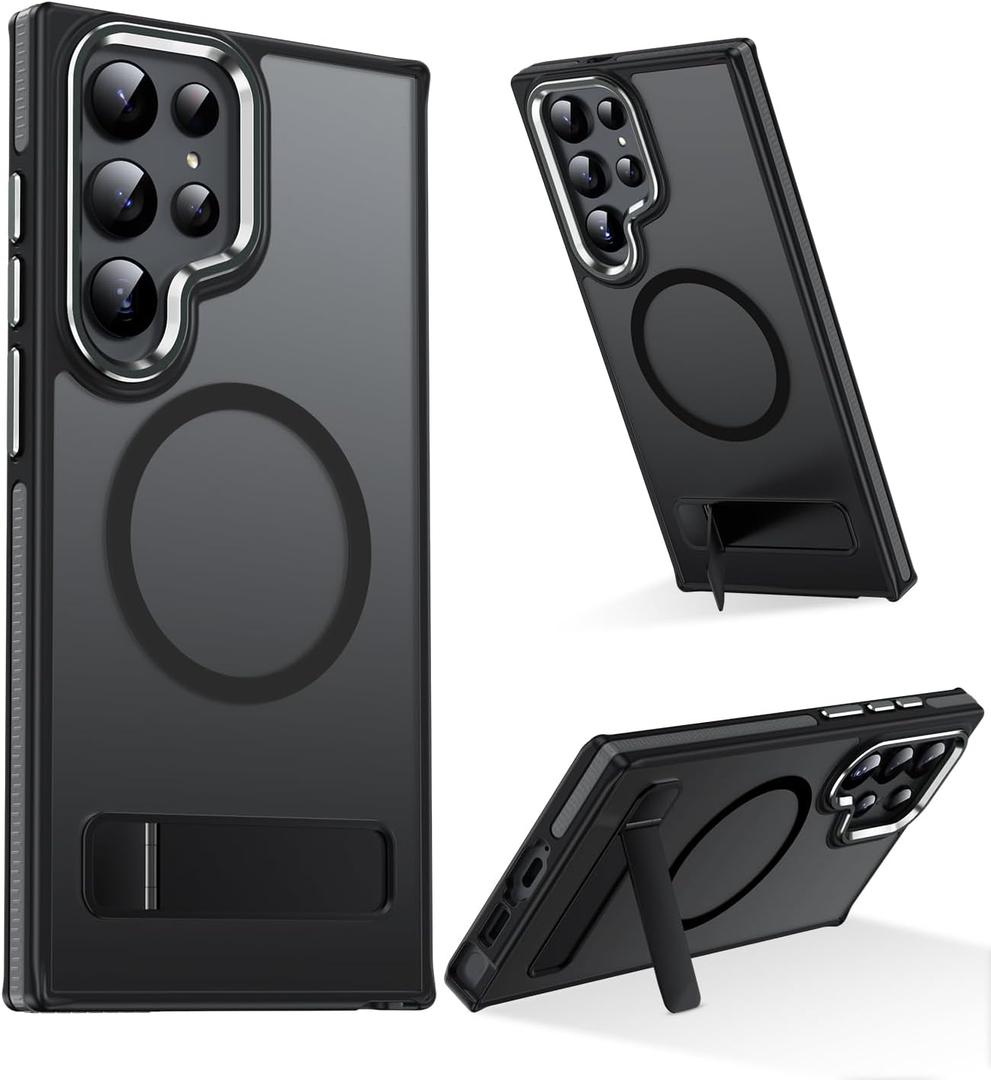 Magnetic for Samsung Galaxy S23 Ultra Case with Stand, Compatible with MagSafe, Slim Translucent Matte Non-Slip Military-Grade Drop Protection Phone Cover, Black