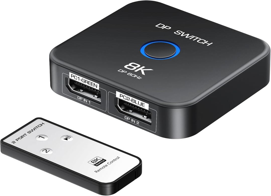 8K Display Port Switcher 2 in 1 Out, NEWCARE DisplayPort Splitter with Remote, DisplayPort Switch Supports 8K@60Hz 4K@120Hz DP 1.4, Display Port Switch Compatible with PC Laptop Monitor TV