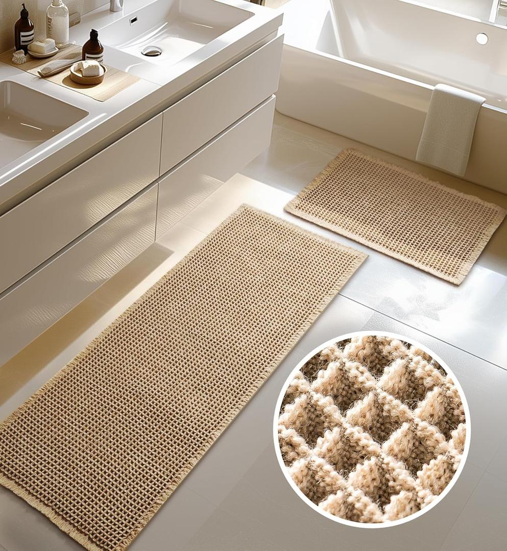 Furicher Large Waffle Bath Mat Set, Non Slip Bath Rug Set, Ultra Absorbent Bath Mats for Bathroom Decor, Extra Soft Floor Kitchen Rugs Sets 2 Piece, Washable Bath Runner Rug, Brown, 20"×47" & 16"×24"