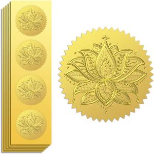Peacoblue Gold Foil Stickers Seals Official Embossed Bohemian Lotus 2 Inch 100Pcs, Self Adhesive Gold Around Embossing Medal Sticker for Certificate Paper, Student Reward, Award, Envelope Seal