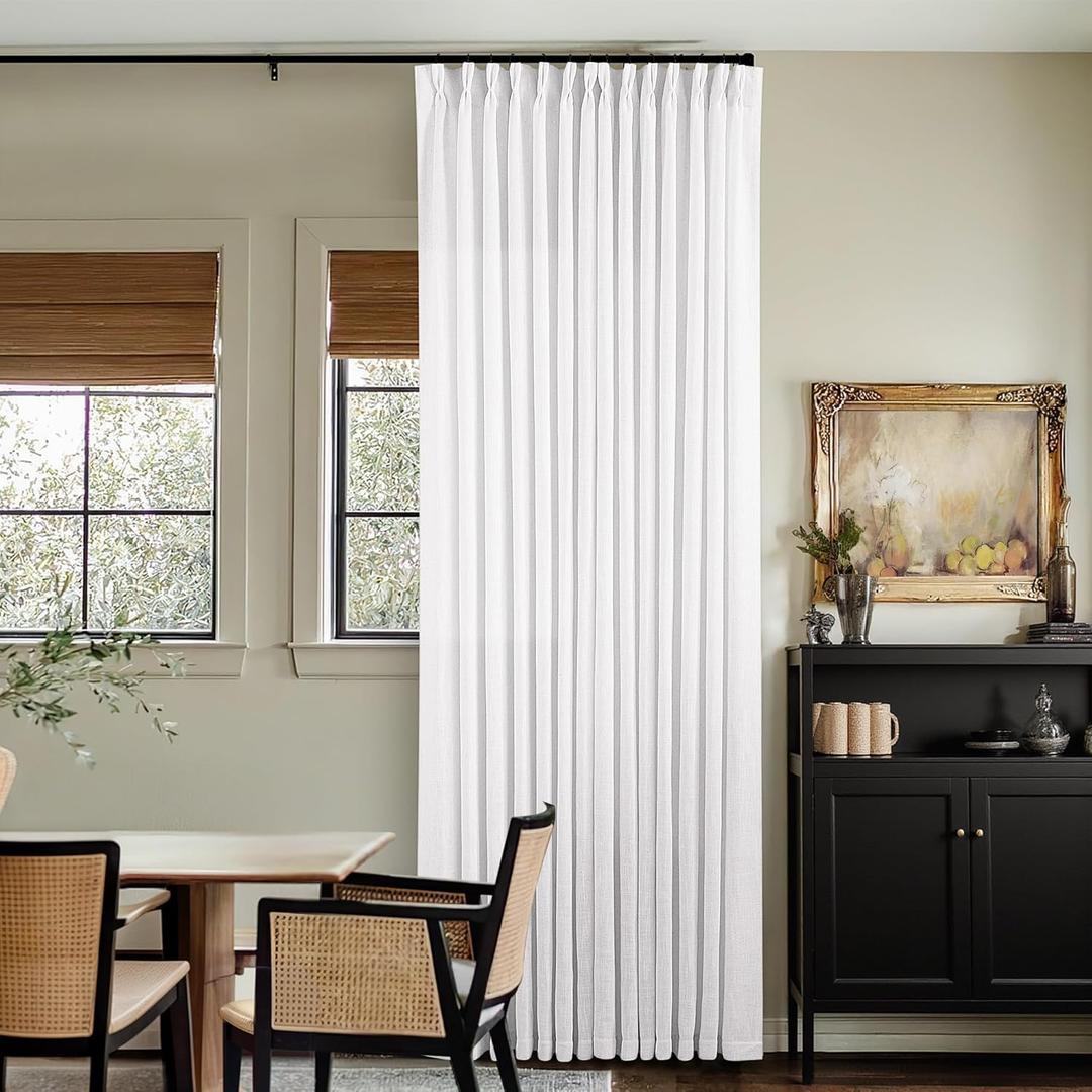 Extra Long Snow White Pinch Pleated 132 Inch Linen Curtains 2 Panels for Living Room Bedroom Memory Training Shaped Semi Sheer Pleat Drapes with Hooks Rings Light Filtering Window Curtain 40x132
