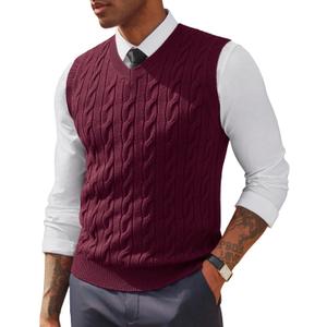 PJ PAUL JONES Men's Sweater Vests V Neck Cable Twist Knit Sleeveless Vests Casual Pullover Sweater (Large, Wine Red)