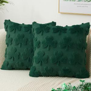 Kevin Textile St. Patrick's Day Pillow Covers 18 x 18 Inch Pack of 2 Soft Faux Fur Green Shamrock Decorative Lucky Clover Throw Pillowcase for Spring Home Bed Sofa Couch Dark Green