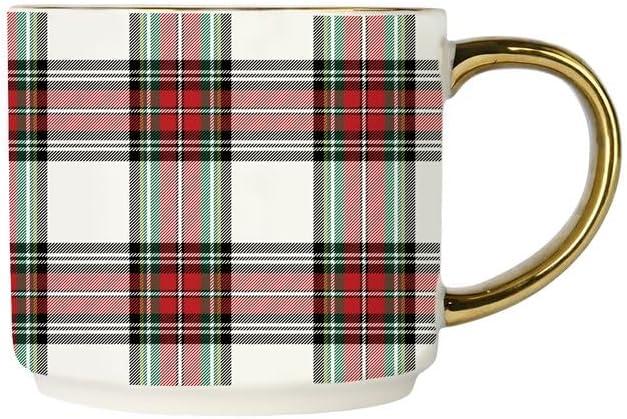 Sweet Water Decor White Plaid Coffee Mug, 14oz China Christmas Mug with Gold Handle, Large Holiday Winter Cup for Coffee, Tea & Hot Chocolate, Stocking Stuffer Gifts for Women