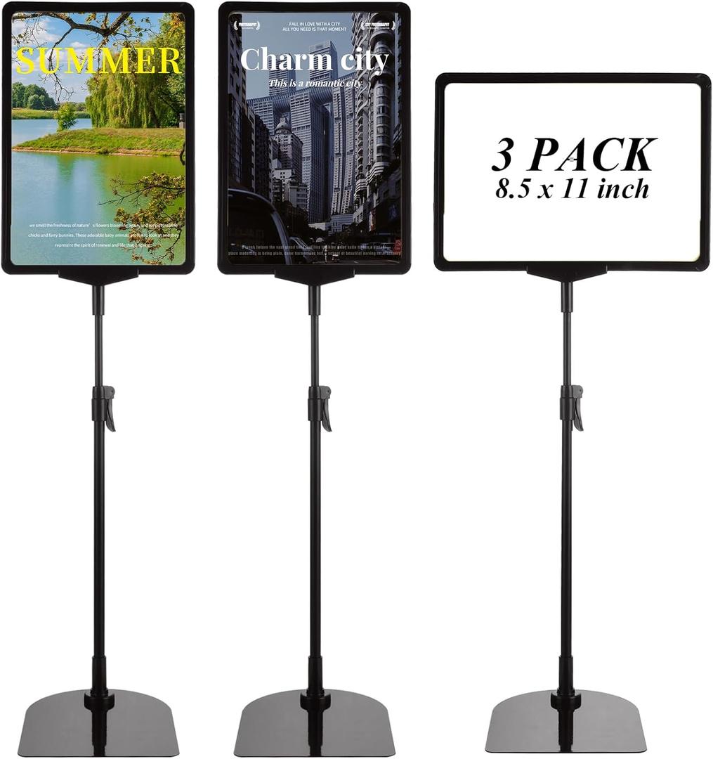 CYEAH 3 Pack Sign Holder Stand, 8.5x11 inch Floor Standing Sign Holders, Height Adjustable Sign Stands with Aluminum Snap Open Frame for Vertical/Horizontal Sign Displayed for Malls, Schools, Restaurants