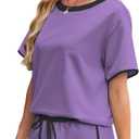 Womens 2 Piece Skort Set 2026 Color Block Short Sleeve Top Drawstring Skort Matching Sets Casual Lounge Summer Outfit (Purple, S)