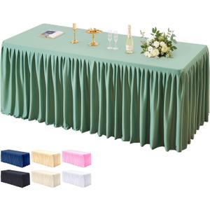 PARTISKY 1 Pack Sage Green Tablecloths for Rectangle Tables 8ft, Wrinkle Resistant Spandex Table Cover Fitted Stretch Table Cloth with Pleated Ruffle Skirts for Party Banquet Dining Birthday Wedding