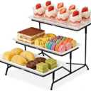 Farielyn-X 3 Tier Serving Tray, 12" White Plastic Tiered Food Serving Platters, Reusable Tray Stand Black Collapsible Metal Stand with Stable Cross Bars, Party Display Stands for Veggie Fruit, Dessert
