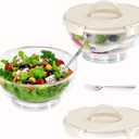 MANO 2pack Large Iced Salad Bowl with Lid and Utensils to Go Ice Chilled Food Serving Containers with Handles for Fruit Veggie Storage for Fridge Refrigerator Party Camping, Picnic, Beige