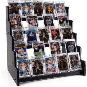 5-Tier Bamboo Trading Card Display Case, 35 pt Baseball Card Collection Stand, Sports Card Storage Holder,Card Game Collection (Black)