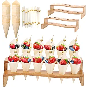 Queekay 100 Disposable Wood Cones for Food with 2 Pcs 12 Holes Charcuterie Cones Holder Stand Ice Cream Cone Display Stand 100 Fancy Toothpicks for Appetizers Catered Events Wedding Buffets Parties