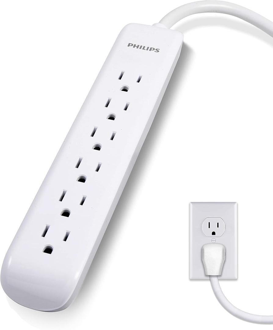Philips 6 Outlet Power Strip Surge Protector, 4ft Power Cord, Flat Plug, Wall Mount, 720 Joules, ETL Listed, Circuit Breaker, Automatic Shutdown, White, SPP3064WE/37