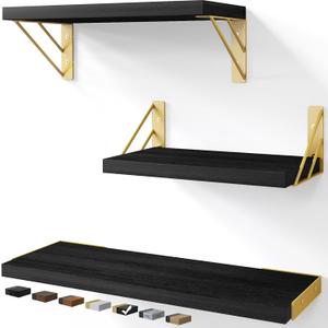 BAYKA Wall Shelves for Bedroom Decor, Floating Shelves for Living Room Kitchen Storage, Mounted Rustic Wood Floating Shelves for Kids Books, Corner Shelves for Bathroom, Office(Black Gold,Set of 3) (16-inch Mixed)