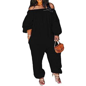 MESLIMA Women's Loose Fit Elastic Off Shoulder Beam Foot Long Sleeve Jumpsuit Rompers with Pockets Plus Size XXL