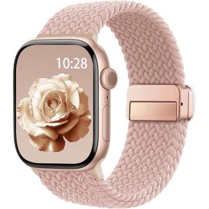 Braided Stretchy Band Compatible with Apple Watch Bands 38mm 40mm 41mm 42mm 44mm 45mm 46mm 49mm Women Men, Soft Nylon Solo Loop Magnetic Sport Strap for iWatch Series 11 10 9 8 7 6 5 4 3 2 1 SE Ultra (Pink Sand)