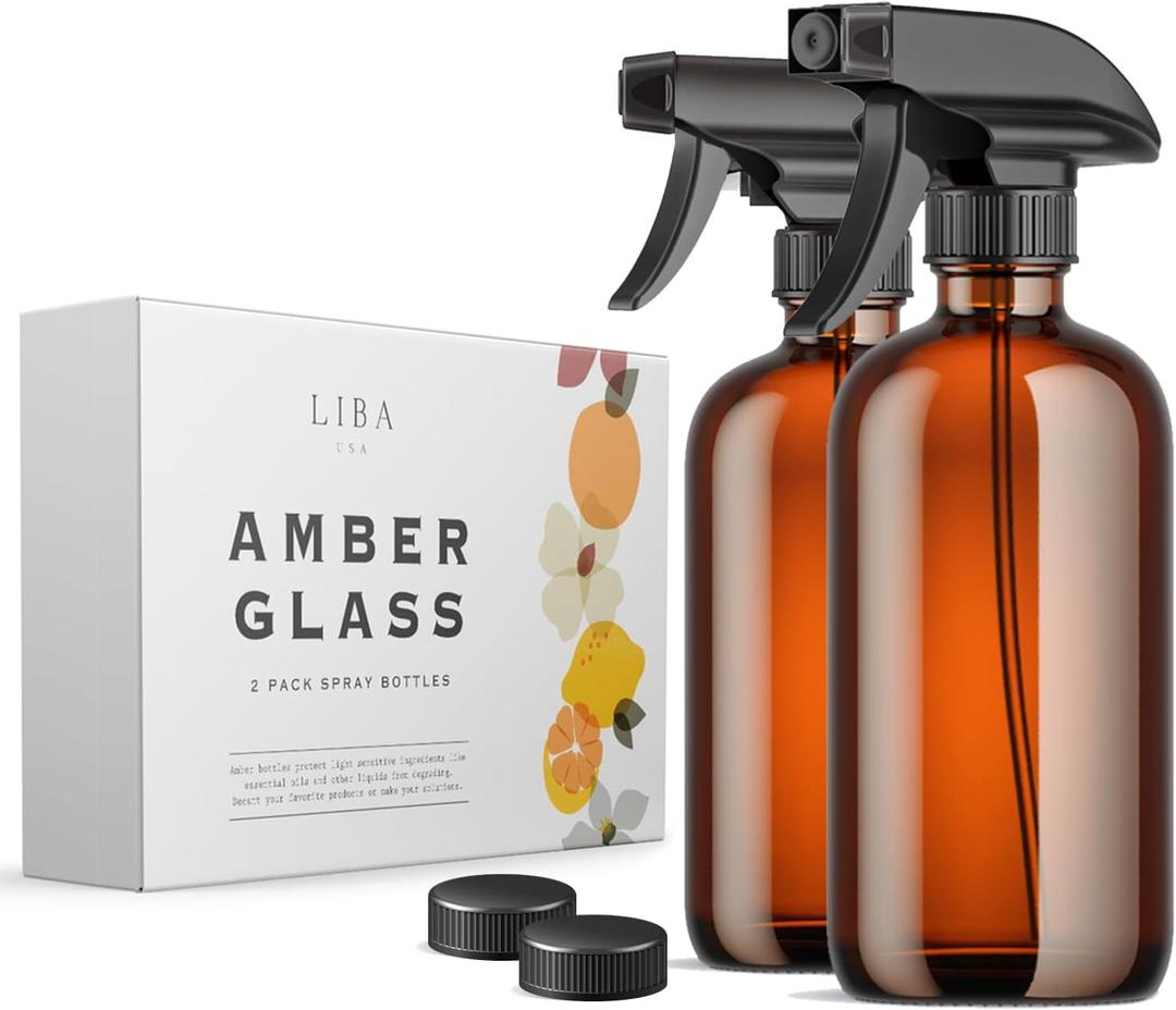 LiBa Amber Glass Spray Bottles 2 Pack, 16 oz Refillable Empty Spray Bottle for Cleaning, Essential Oils, Hair, Plants, Adjustable Nozzle for Squirt and Mist, Bleach/Vinegar/Rubbing Alcohol Safe