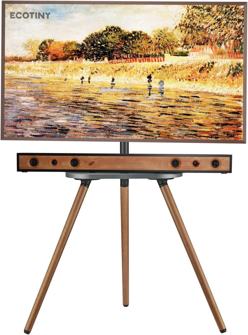 Tripod Easel TV Stand for 43 to 65 Inch LCD LED OLED Screen, Height Adjustable and Swievel TV Stand, Portable Corner TV Floor Stand with Wooden Tray, VESA 400x400mm, Minimalist Black Walnut