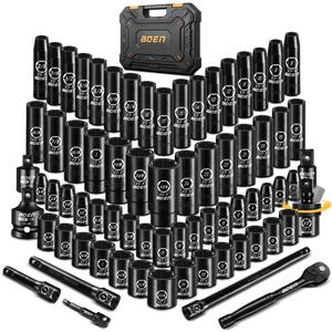 BOEN 1/2" Drive Impact Socket Set, 72 Piece Standard SAE (5/16"-1-1/4") & Metric (8-24 mm), Deep & Shallow Kit | Includes Ratchet Handle & Adapters | 3 ", 5", 10" Extension Bar