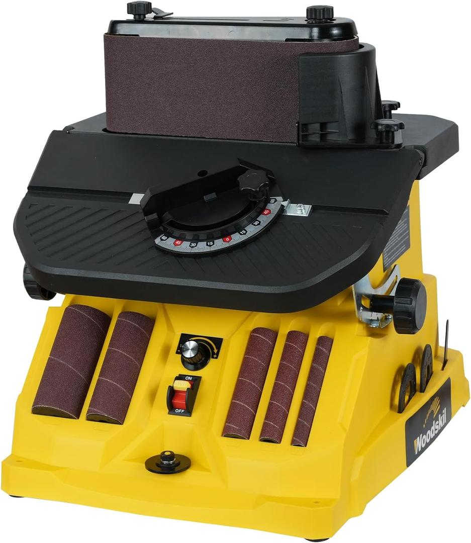 4A Variable Speed Oscillating Belt and Spindle Sander - 4x24" Belt, 5 Sanding Sleeves, 1000-1800RPM Adjustable Speed Control for Woodworking Projects - Efficient Dust Collection for Smooth Finishes