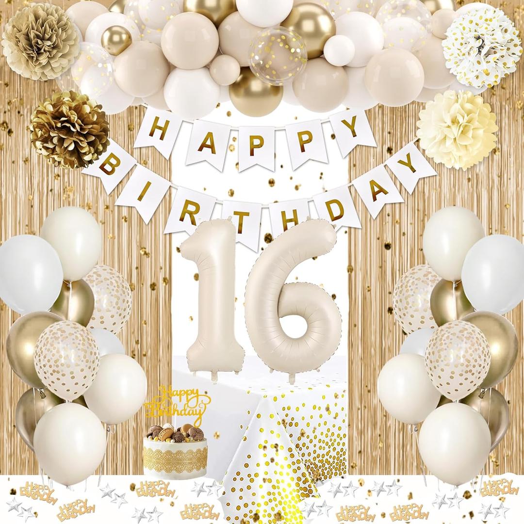 Sweet 16 Birthday Decorations, White and Gold 16th Birthday Decorations for Girls Boy 16th Happy Birthday Banner Tablecloth Fringe Curtain Cake Topper Paper Pom Poms for Girl Boys Sweet 16 Party Decor