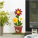 Glitzhome 30 Inch Welcome Sign for Front Door Porch Standing, Outdoor Decor with Wooden Trio Flowers, Yard Sign for Patio Front Door Outside