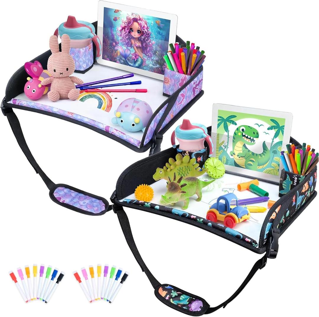 2Pcs Kids Travel Tray for Toddler Carseat, Road Trip Activities Essentials for Toddler, Kids Lap Desk Tray with Tablet Holder Stand Dry Erase Board (Dinosaur & Mermaid)