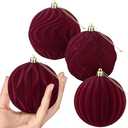 Blueweenly 4 Pcs 4 Inch Burgundy Large Velvet Christmas Ball Ornaments Vintage Christmas Plastic Ball Ornaments Flocked Tree Hanging Decoration for Xmas Party Wedding Home Decor