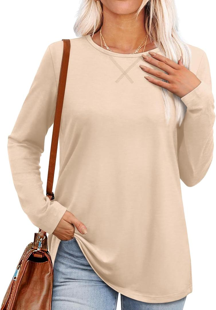 OFEEFAN Womens Long Sleeve Basic Shirts Crew Neck Fall Tops Outfits Clothes 2024 (S)