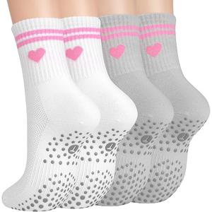 Toes Home Pilates Socks for Women with Non Slip Grippers, Yoga Crew Socks for Barre Hospital Sticky Slipper Socks 4 Pairs