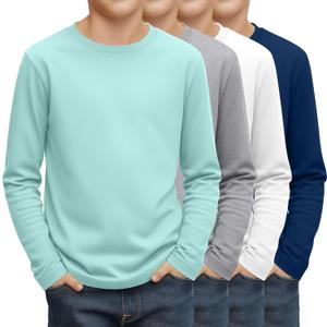 4 Pack Boy's Long Sleeve Shirts, Crew Neck Soft Tops Toddler Kids Basic Tees 7-8Y