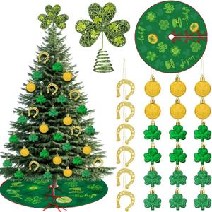 Ceenna 51 Pcs St. Patrick's Day Tree Decorations Set with 48 Shamrock Irish Coins Hanging Ornaments 5.9'' Double Season Clover Treetopper and 40'' Reversible St. Patrick's Day Tree Skirt