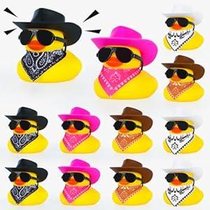 12 Pcs Rubber Ducks with 4 Colors Cow-boy Hat, Squeaky Ducks for Jeeps Ducking Car Dashboard, Kids Bath Toys Party Favors Ducks with Mini Paisley Bandanas and Sunglasses