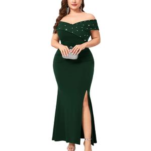 Plus Size Off The Shoulder Mermaid Maxi Dress Rhinestone Ruched Slit Formal Evening Gown Wedding Guest Cocktail (Green, XXL)