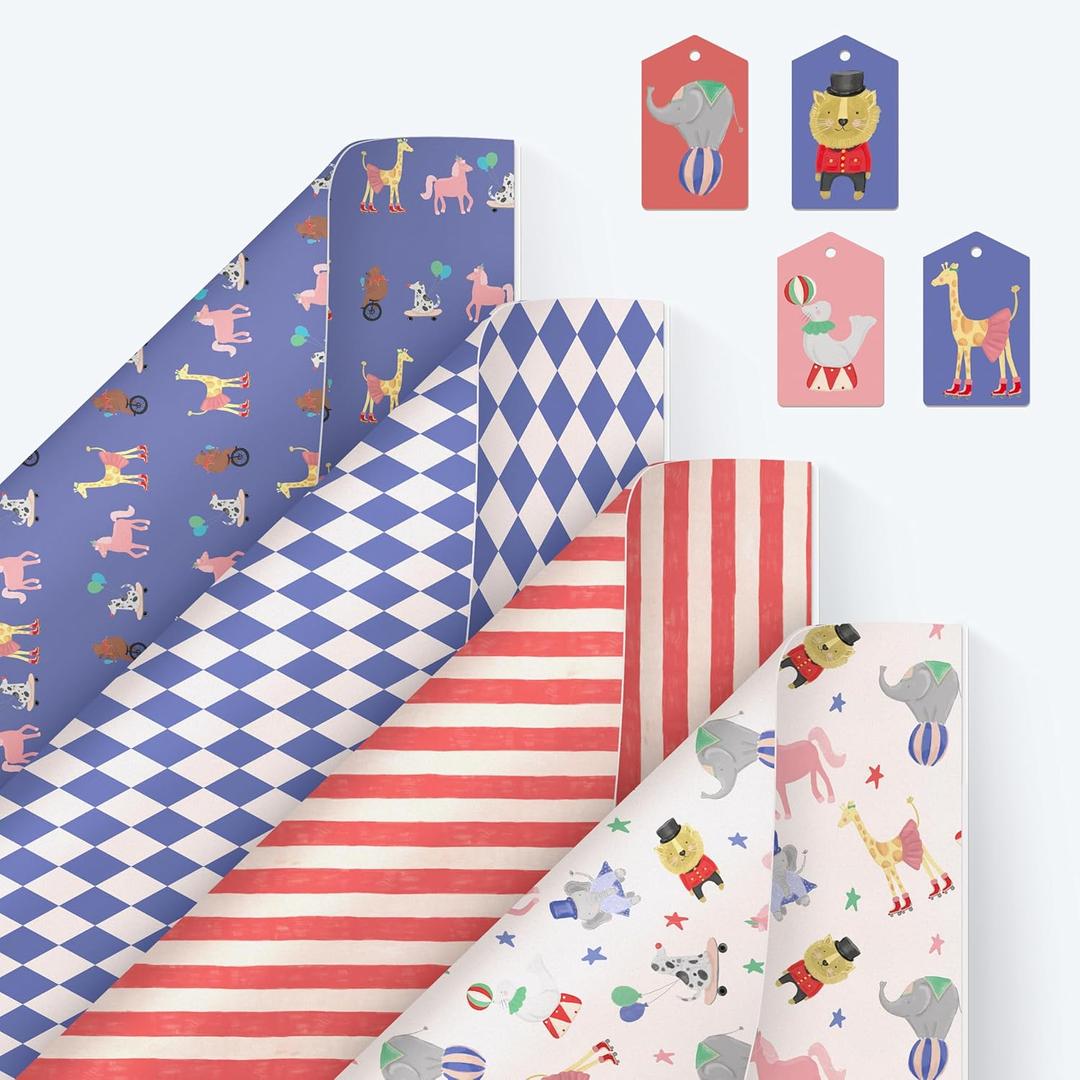 Cheerland 12 Sheets Circus Gift Wrapping Paper Carnival Theme with 12 Gift Tags, 4 Designs Circus Animals Striped Red and Blue Themed Gift Wrap Kids Birthday Party Favors Colorful Party and Supplies